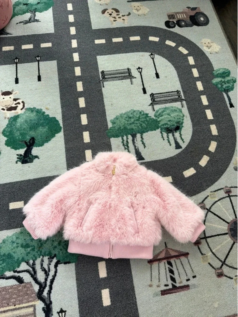 Cat & Jack Baby Pink Faux Fur Jacket with Heart Zipper Pull, Size 18 Months